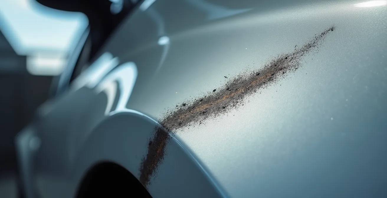 Gros plan sur une rayure profonde sur une portière de voiture avec reflets de lumière