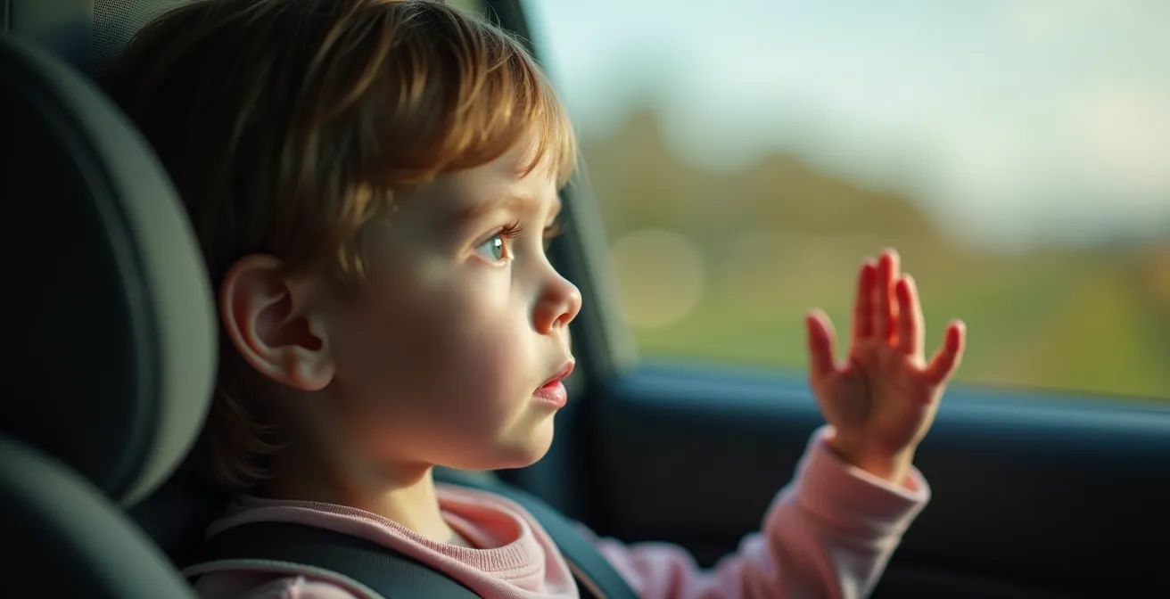 Enfant assis dans un siège auto regardant par la fenêtre avec reflet de paysage français
