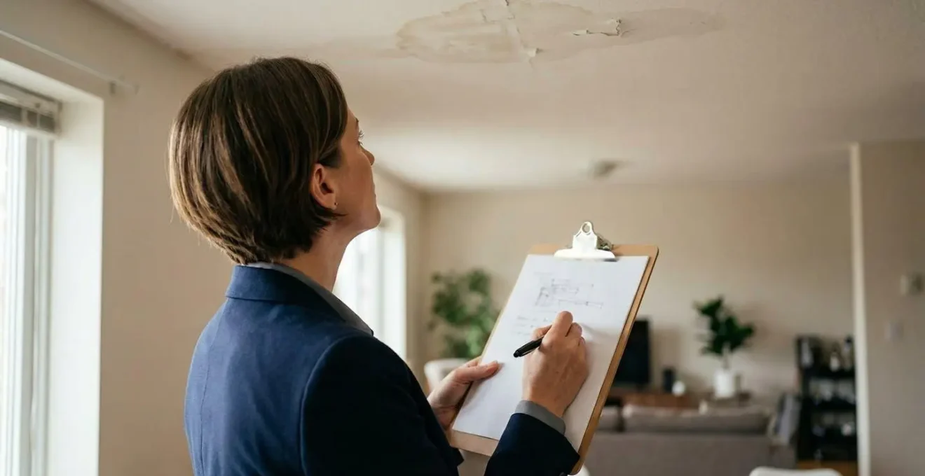 Expert en assurance évaluant des dégâts dans un appartement avec tablette numérique