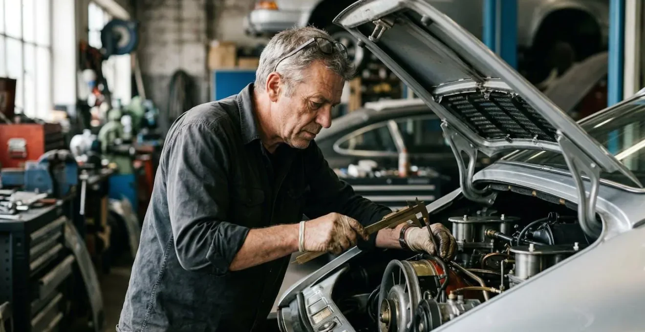 Expert automobile évaluant une Porsche 911 classique dans un atelier spécialisé