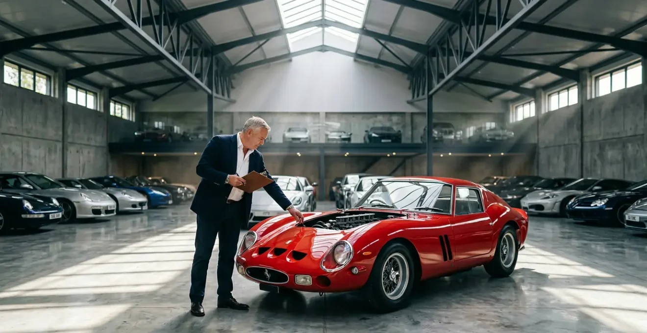 Expert en assurance automobile examinant une voiture de prestige dans un garage de collectionneur