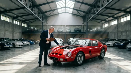 Expert en assurance automobile examinant une voiture de prestige dans un garage de collectionneur