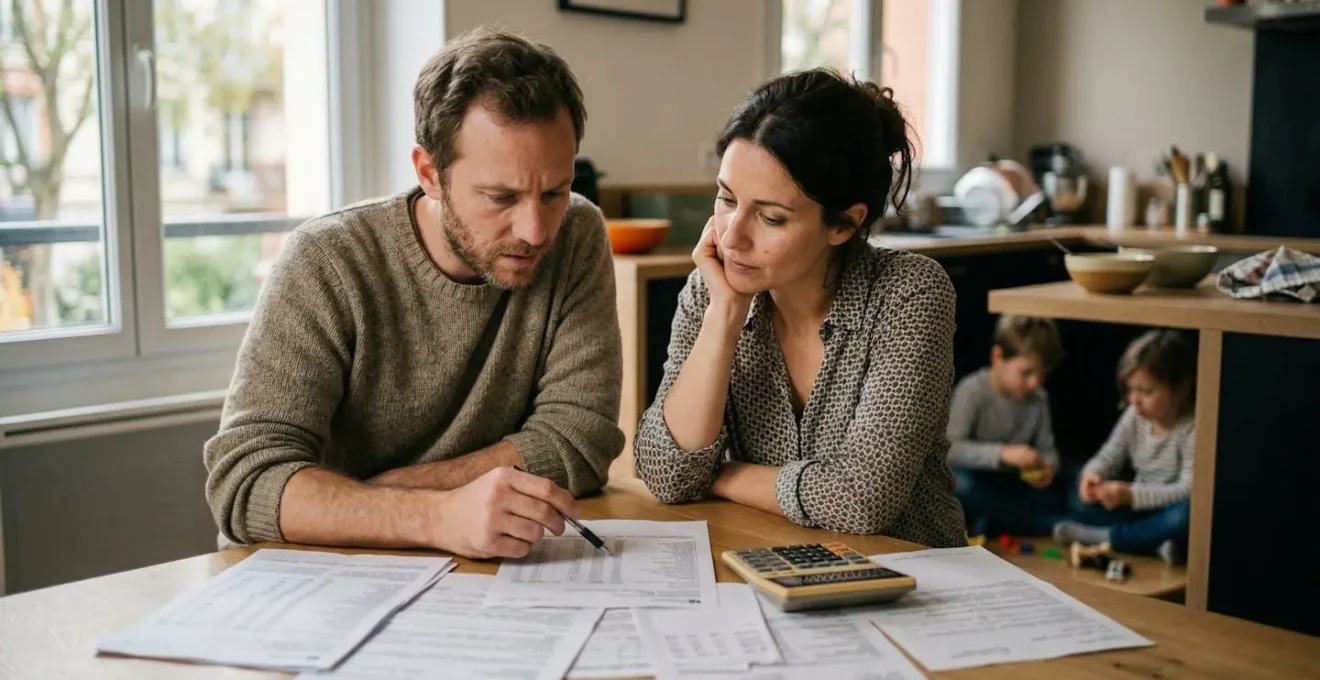 Famille devant des documents de mutuelle avec une calculatrice, illustrant la comparaison des coûts d'adhésion.