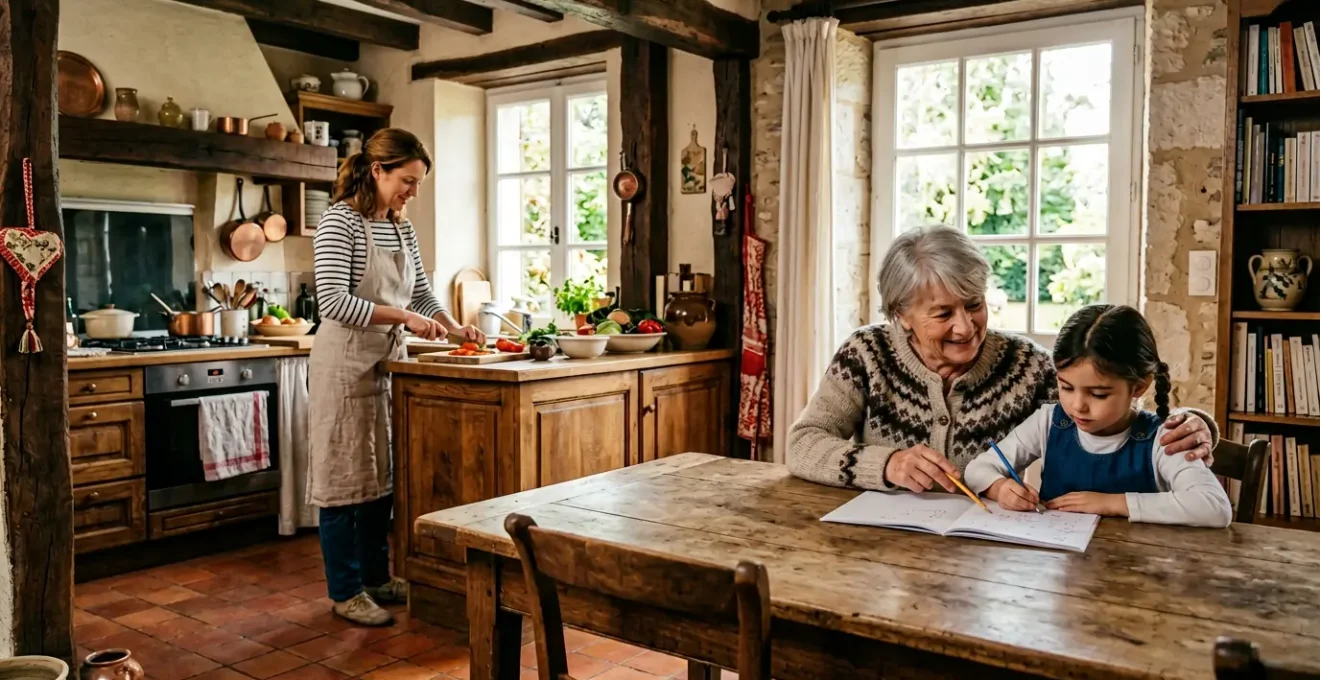 Famille multigénérationnelle dans un intérieur français chaleureux et sécurisé, évoquant la protection contre les accidents domestiques