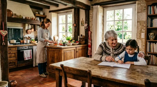 Famille multigénérationnelle dans un intérieur français chaleureux et sécurisé, évoquant la protection contre les accidents domestiques