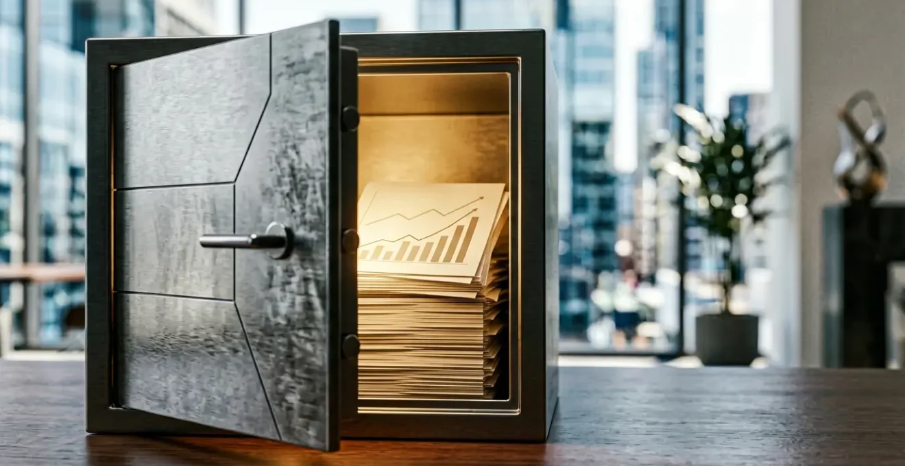 Vue symbolique d'un coffre-fort moderne ouvert révélant des documents d'assurance vie avec graphique en croissance