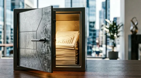 Vue symbolique d'un coffre-fort moderne ouvert révélant des documents d'assurance vie avec graphique en croissance