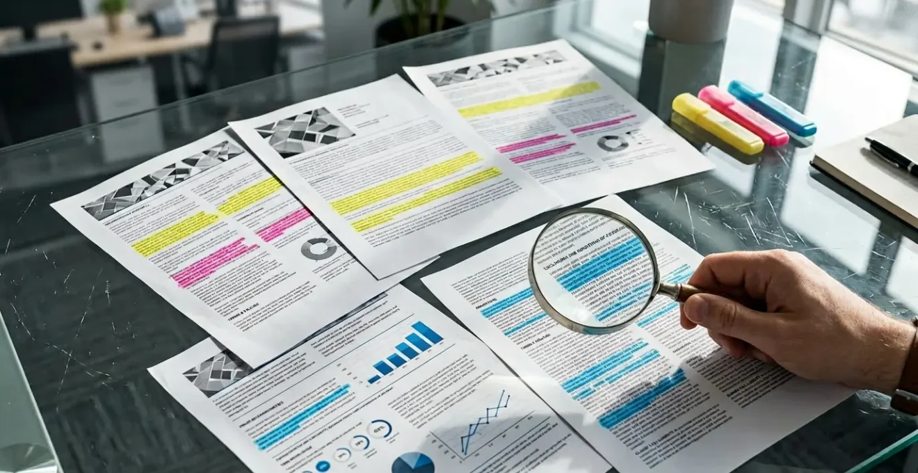 Analyse détaillée de documents d'assurance avec une loupe, surligneurs colorés et tableau comparatif