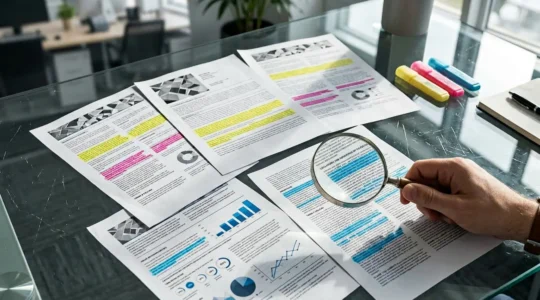 Analyse détaillée de documents d'assurance avec une loupe, surligneurs colorés et tableau comparatif