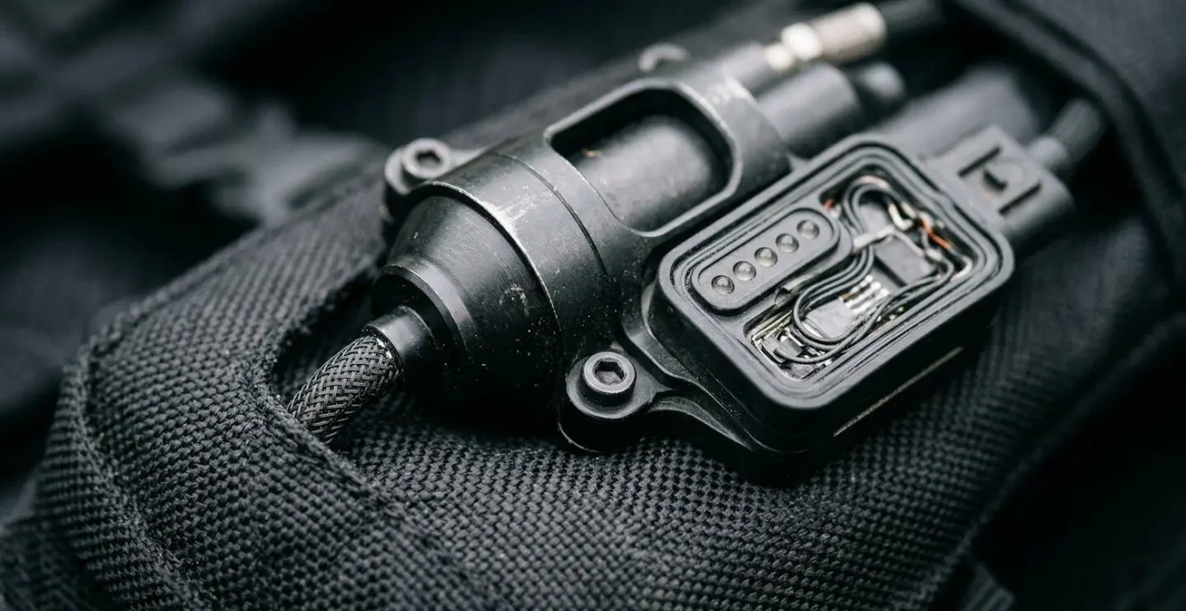 Gros plan macro sur les capteurs électroniques et le système de gonflage d'un gilet airbag moto avec textures techniques visibles