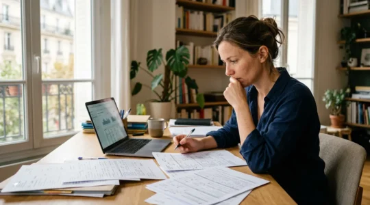Travailleur indépendant analysant ses documents de prévoyance dans son bureau