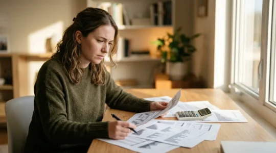Jeune conducteur analysant des documents d'assurance automobile avec calculatrice