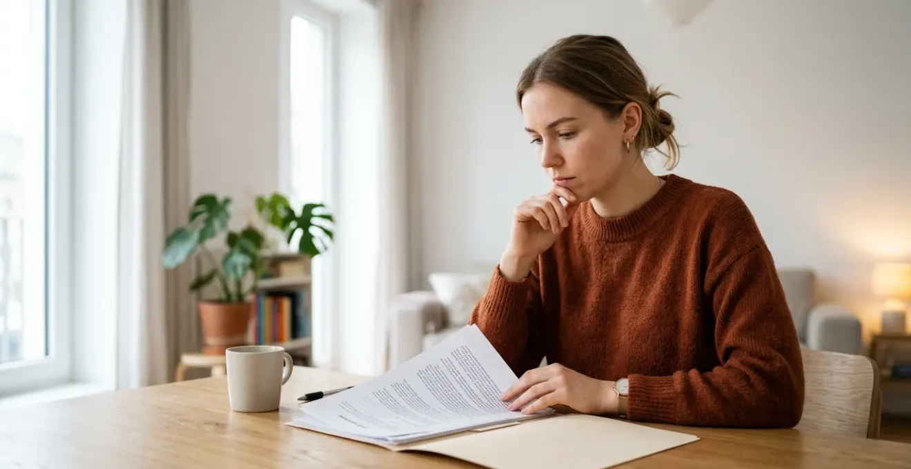 Jeune adulte dans son premier appartement consultant des documents importants avec une vue sur un intérieur lumineux et moderne