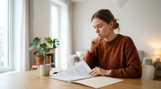 Jeune adulte dans son premier appartement consultant des documents importants avec une vue sur un intérieur lumineux et moderne