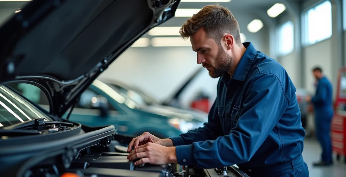 Mécanicien expert travaillant sur une voiture neuve dans un atelier de concession moderne