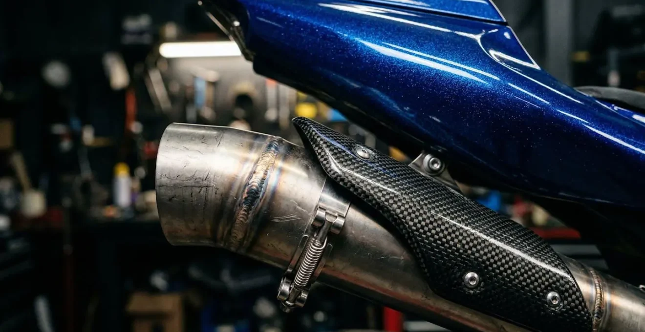 Gros plan sur échappement Akrapovic et carénage personnalisé d'une moto sportive dans un atelier