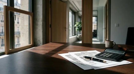 Documents de mutuelle d'entreprise avec calculatrice et attestation de dispense sur bureau professionnel