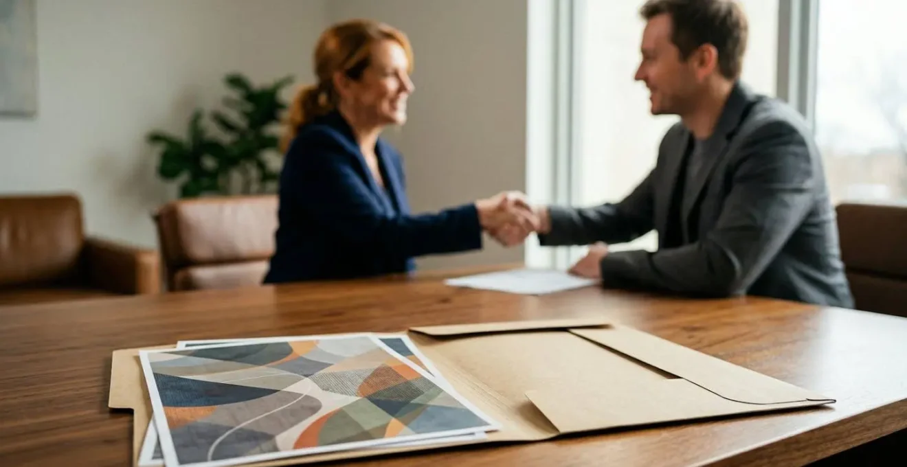 Bureau professionnel avec dossier ouvert et poignée de main en arrière-plan flou