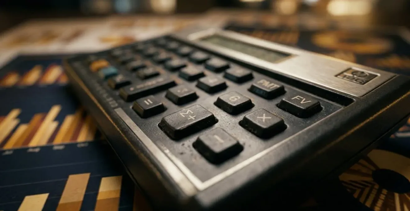 Gros plan sur une calculatrice et des graphiques financiers illustrant les calculs d'économies en assurance.