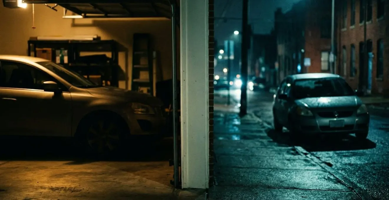 Vue d'un garage privé sécurisé avec véhicule stationné en toute sécurité