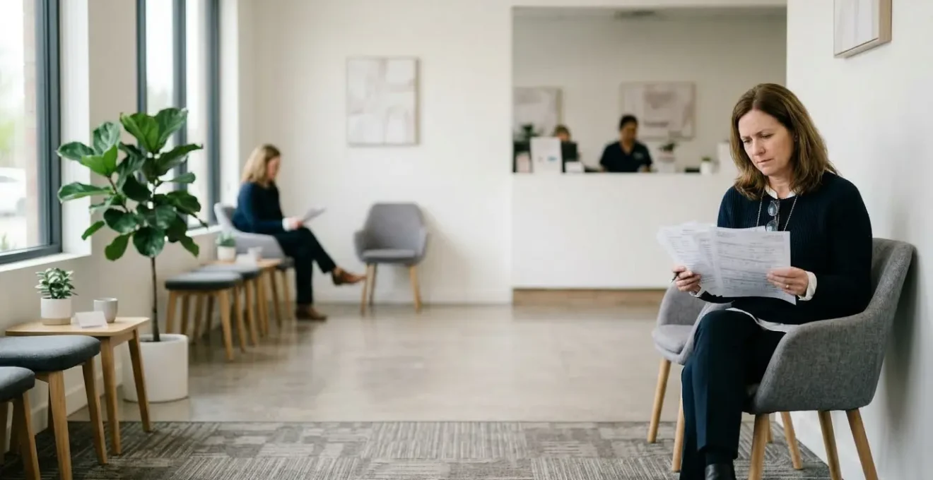 Patient examinant des documents médicaux avec une expression perplexe dans un cabinet médical moderne