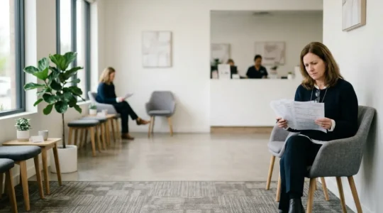 Patient examinant des documents médicaux avec une expression perplexe dans un cabinet médical moderne