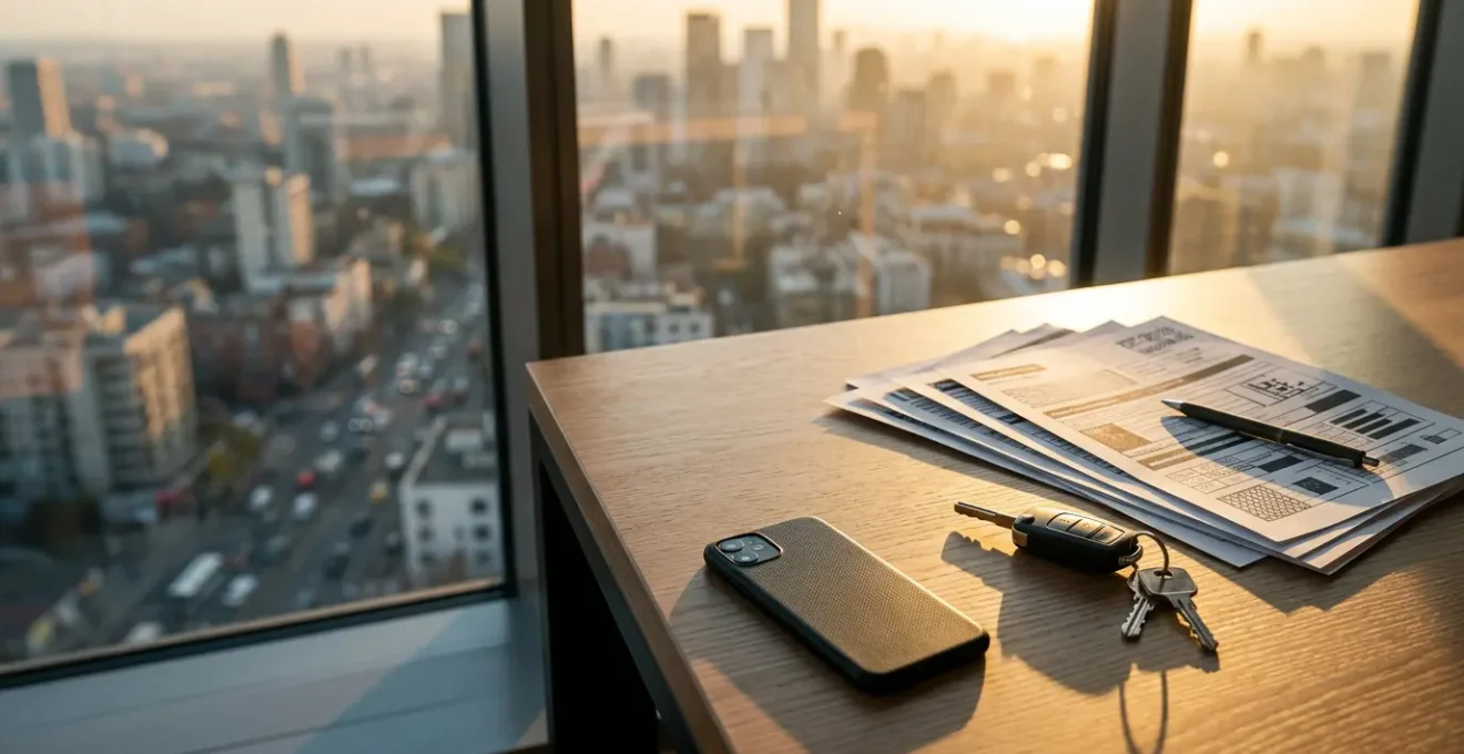 Bureau moderne avec documents officiels d'assurance et clés de voiture posées sur un bureau en bois, lumière naturelle de fin d'après-midi