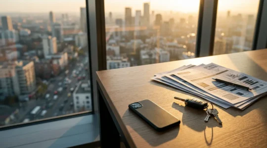 Bureau moderne avec documents officiels d'assurance et clés de voiture posées sur un bureau en bois, lumière naturelle de fin d'après-midi
