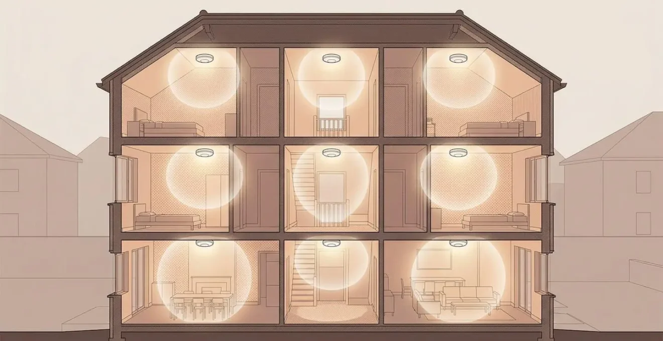 Vue en coupe d'une maison montrant l'emplacement stratégique des détecteurs de fumée dans chaque pièce
