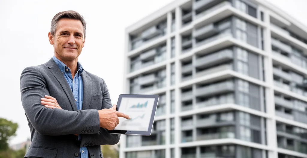 Un propriétaire confiant devant son immeuble locatif protégé par une assurance PNO