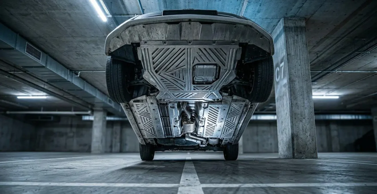 Vue sous une voiture hybride montrant système de protection du catalyseur