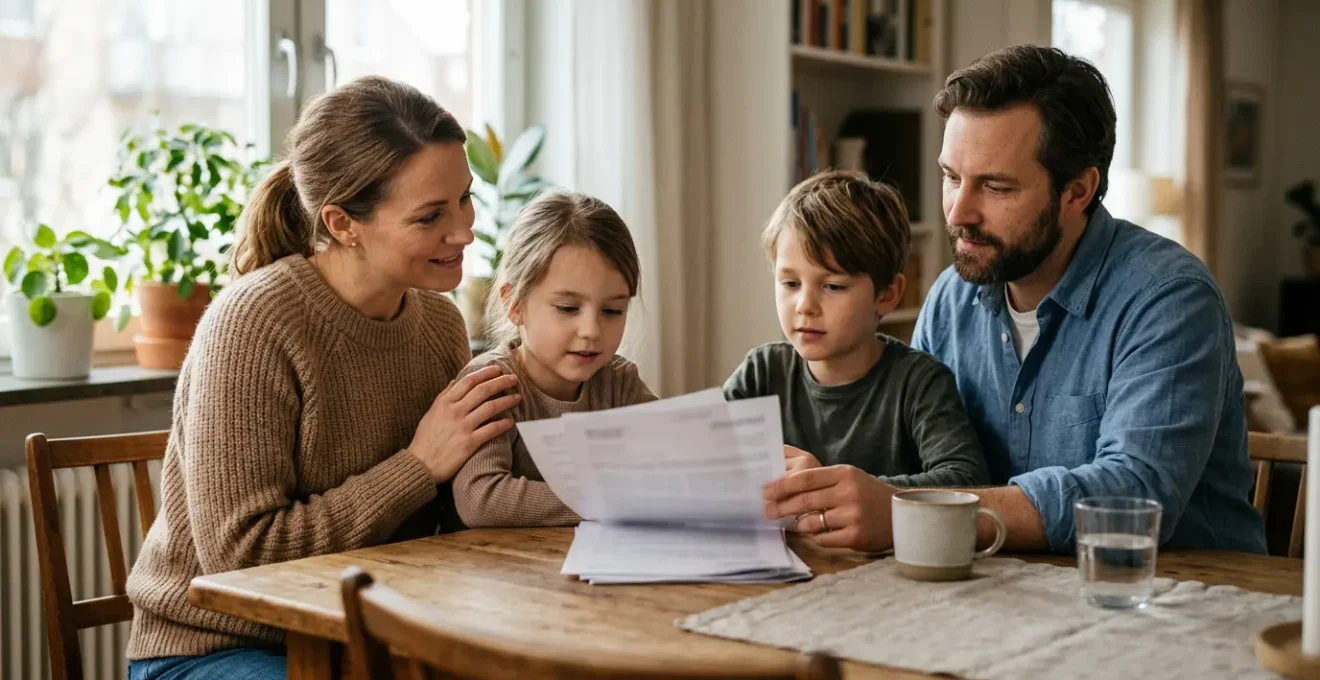 Parents avec leurs enfants planifiant l'avenir financier familial dans un environnement chaleureux et sécurisant