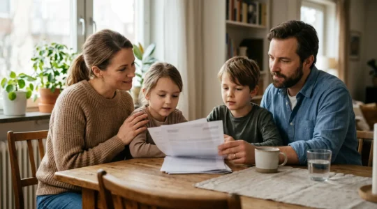 Parents avec leurs enfants planifiant l'avenir financier familial dans un environnement chaleureux et sécurisant