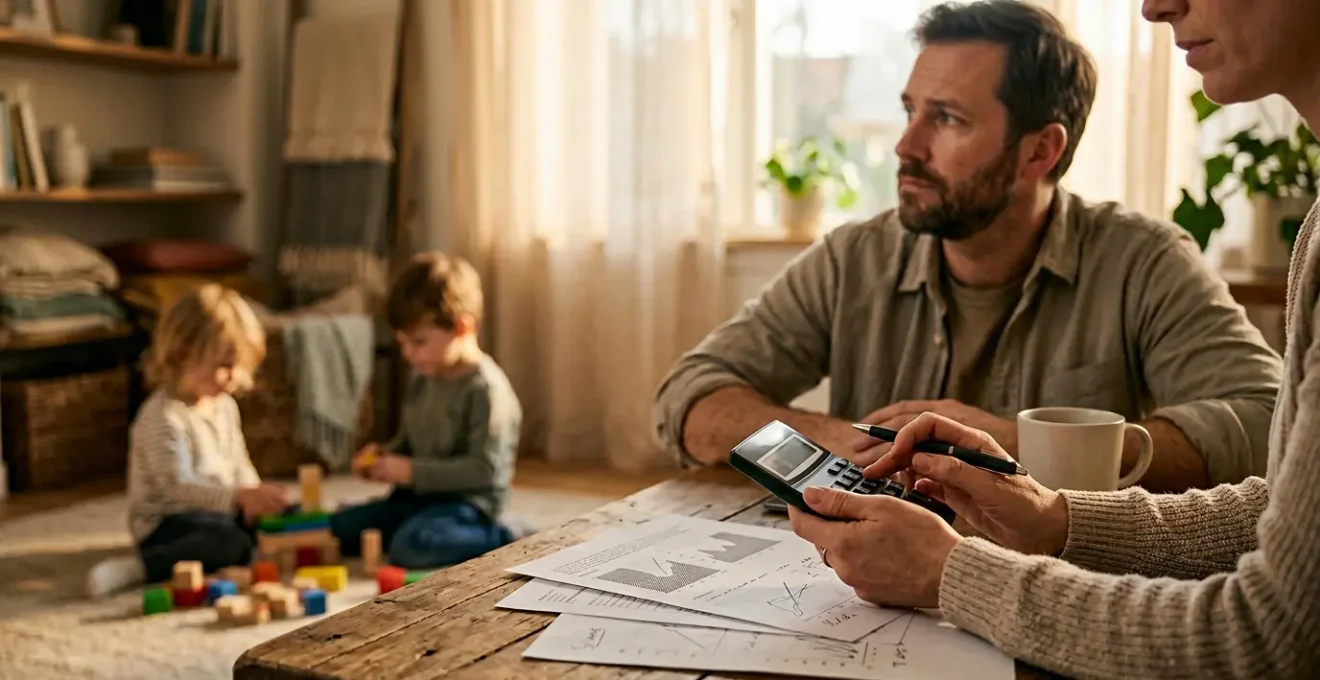 Parents consultant des documents financiers dans un environnement familial chaleureux avec enfants en arrière-plan