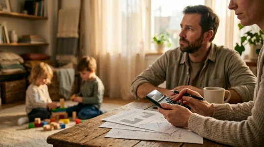 Parents consultant des documents financiers dans un environnement familial chaleureux avec enfants en arrière-plan