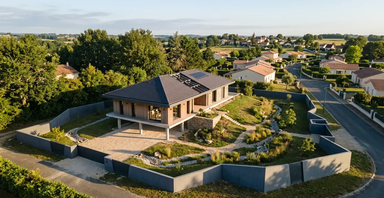 Vue d'ensemble d'une maison française moderne équipée de protections contre les catastrophes naturelles, avec batardeaux visibles et toiture renforcée
