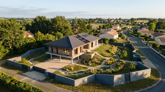 Vue d'ensemble d'une maison française moderne équipée de protections contre les catastrophes naturelles, avec batardeaux visibles et toiture renforcée
