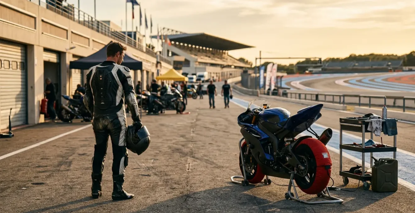 Pilote en combinaison cuir contemplant sa moto sportive dans les paddocks d'un circuit français