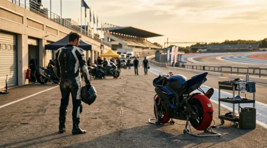 Pilote en combinaison cuir contemplant sa moto sportive dans les paddocks d'un circuit français