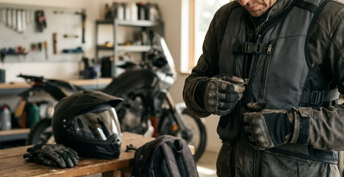 Vue rapprochée d'un motard ajustant son gilet airbag haute technologie dans un garage moderne avec casque et gants professionnels posés sur la moto à l'arrière-plan