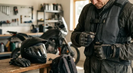 Vue rapprochée d'un motard ajustant son gilet airbag haute technologie dans un garage moderne avec casque et gants professionnels posés sur la moto à l'arrière-plan
