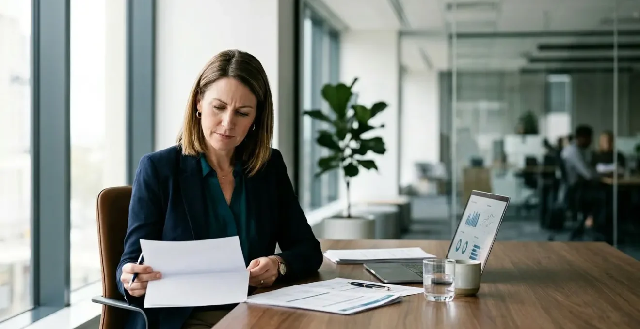 Un professionnel analyse des documents de prévoyance dans un bureau moderne et lumineux