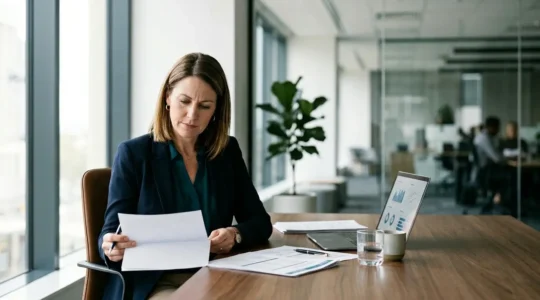 Un professionnel analyse des documents de prévoyance dans un bureau moderne et lumineux