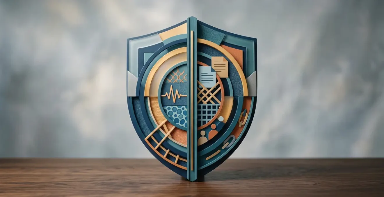 Illustration métaphorique de la protection sociale française avec des éléments symboliques de santé et de droits sociaux