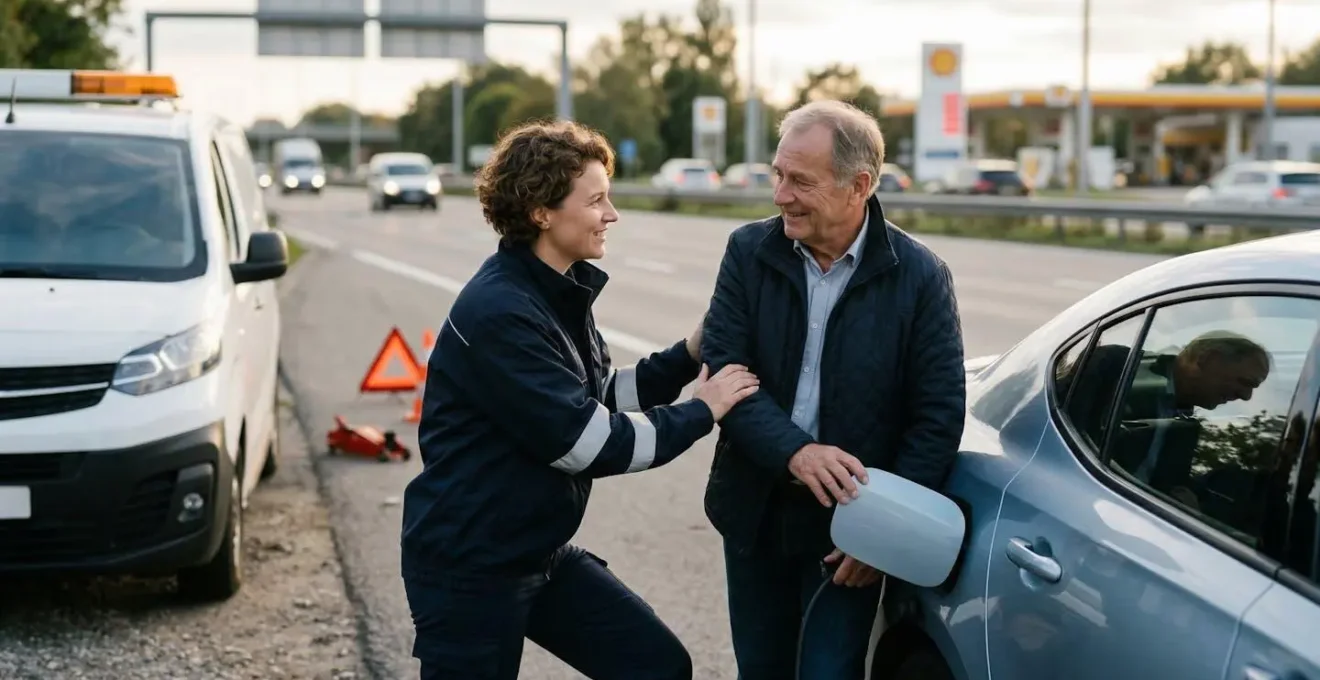Véhicule électrique en panne assisté par dépanneur près d'une borne de recharge