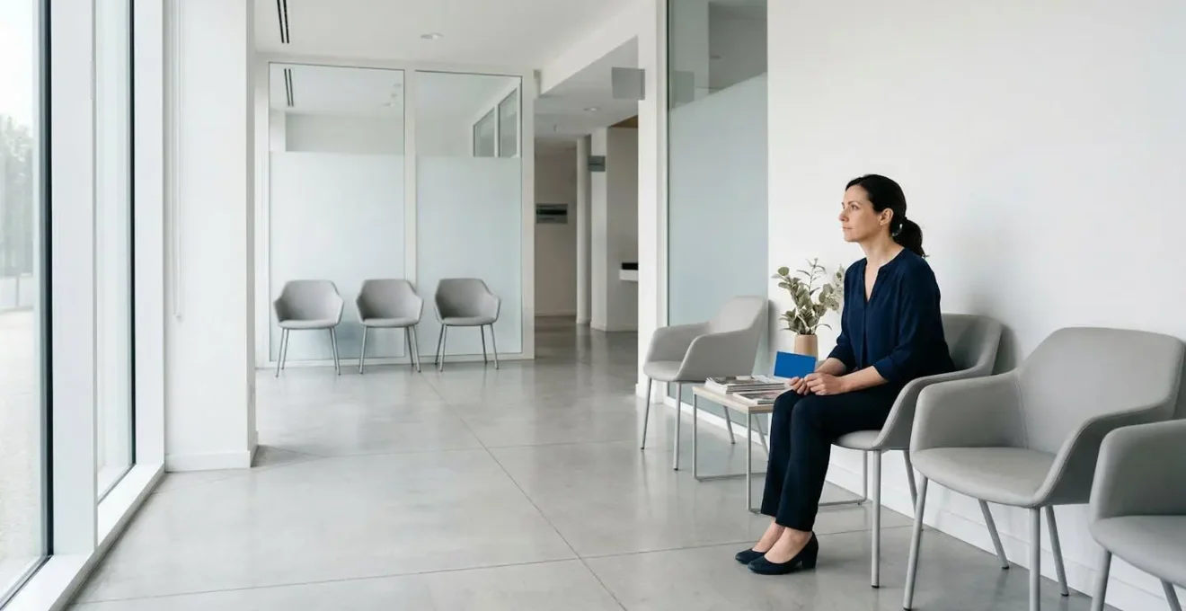 Salle d'attente médicale moderne avec patient tenant sa carte vitale