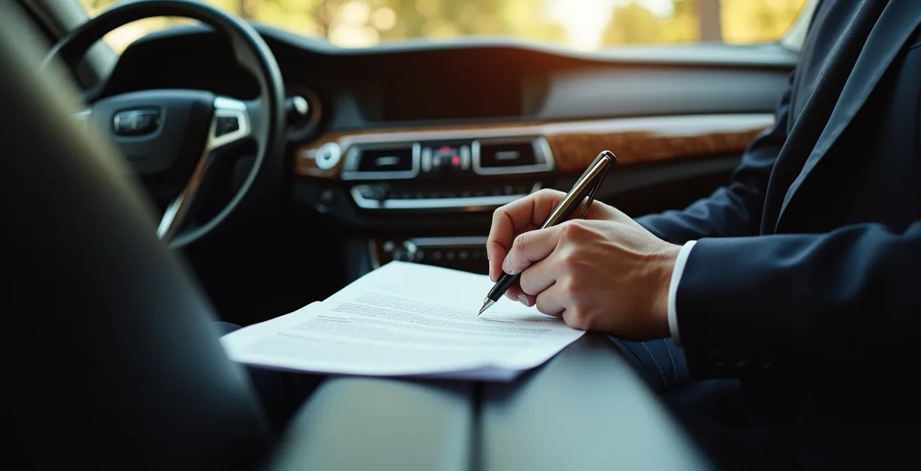 Vue du tableau de bord d'une berline de luxe avec documents contractuels flous en arrière-plan