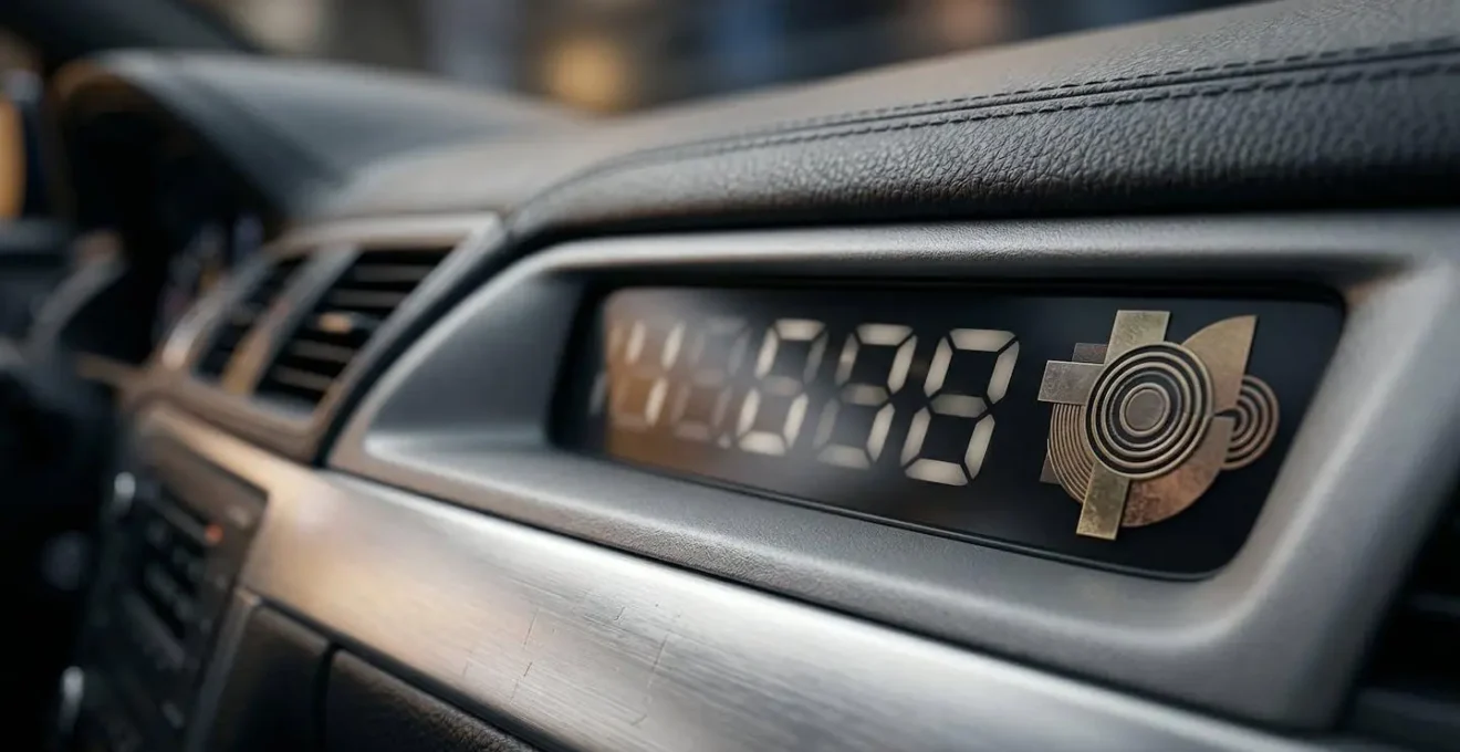 Tableau de bord automobile avec compteur kilométrique et badge de certification