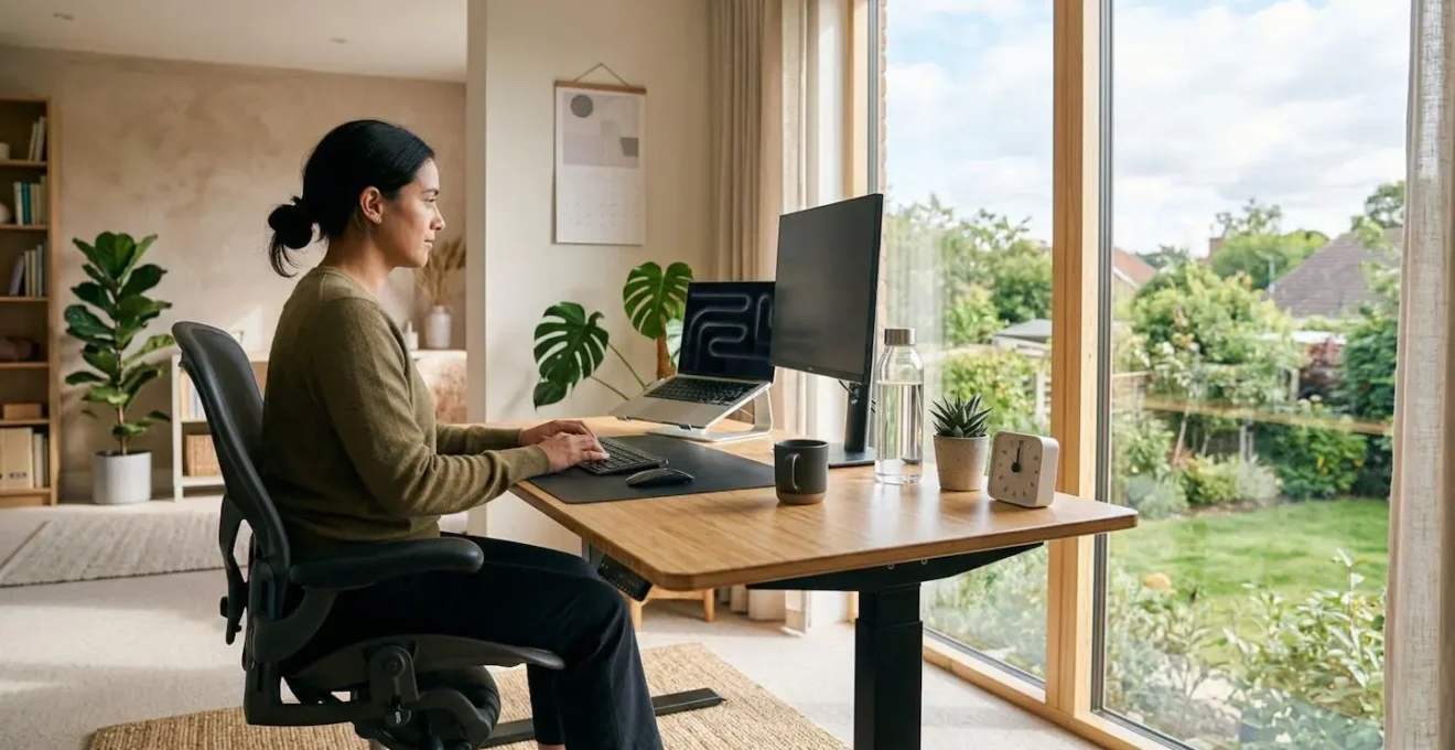 Personne en temps partiel thérapeutique travaillant à domicile avec un aménagement ergonomique, symbolisant l'équilibre entre travail et santé.