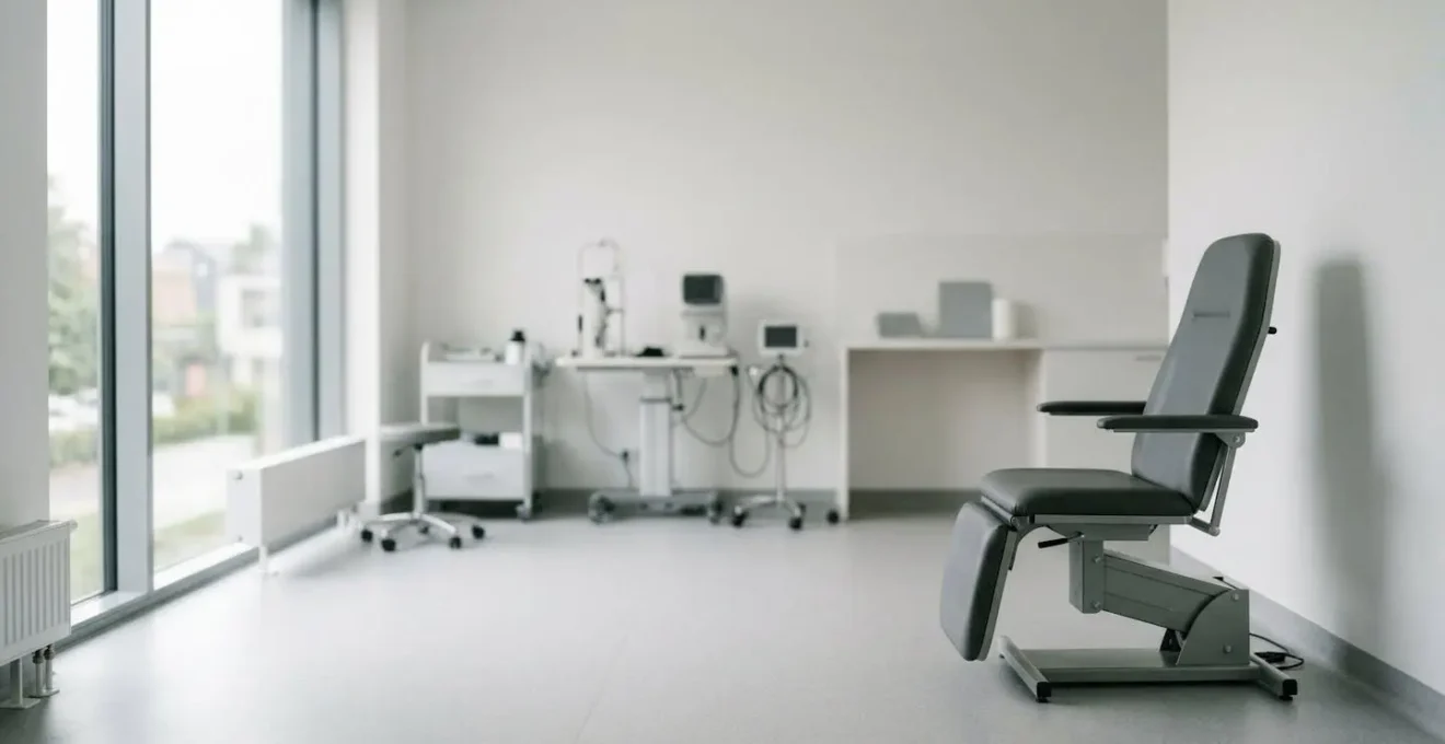 Salle d'examen médicale minimaliste avec chaise vide et équipement de test en arrière-plan flou